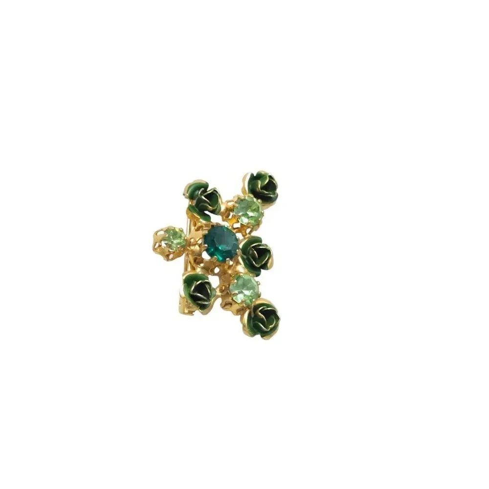 Austrian Green Crystal Enamel Flower Brooch Pin Gold Tone Vintage